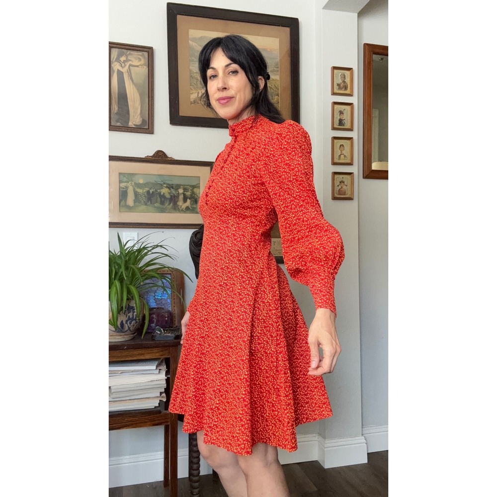 Vintage 70s Prairie Calico floral Print bishop Sleeve Dress Red Yellow - Picture 3 of 10